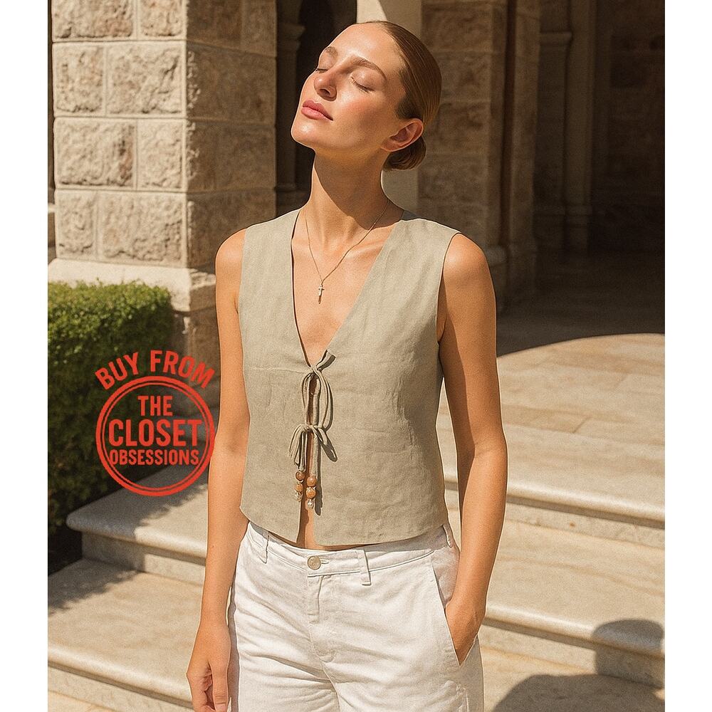 ZARA Sleeveless Linen Vest NWT | Beige Beaded Tie-Front Top Size L - Picture 7 of 16